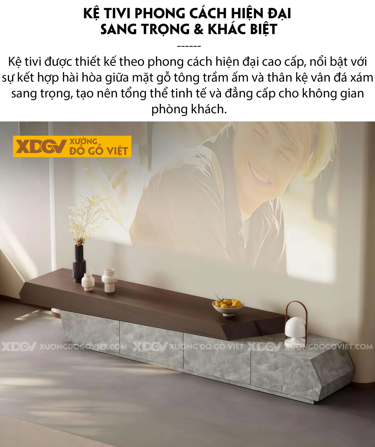Kệ Tivi Trưng Bày Phòng Khách Gỗ MDF Tủ Kính Mờ Trung Tâm