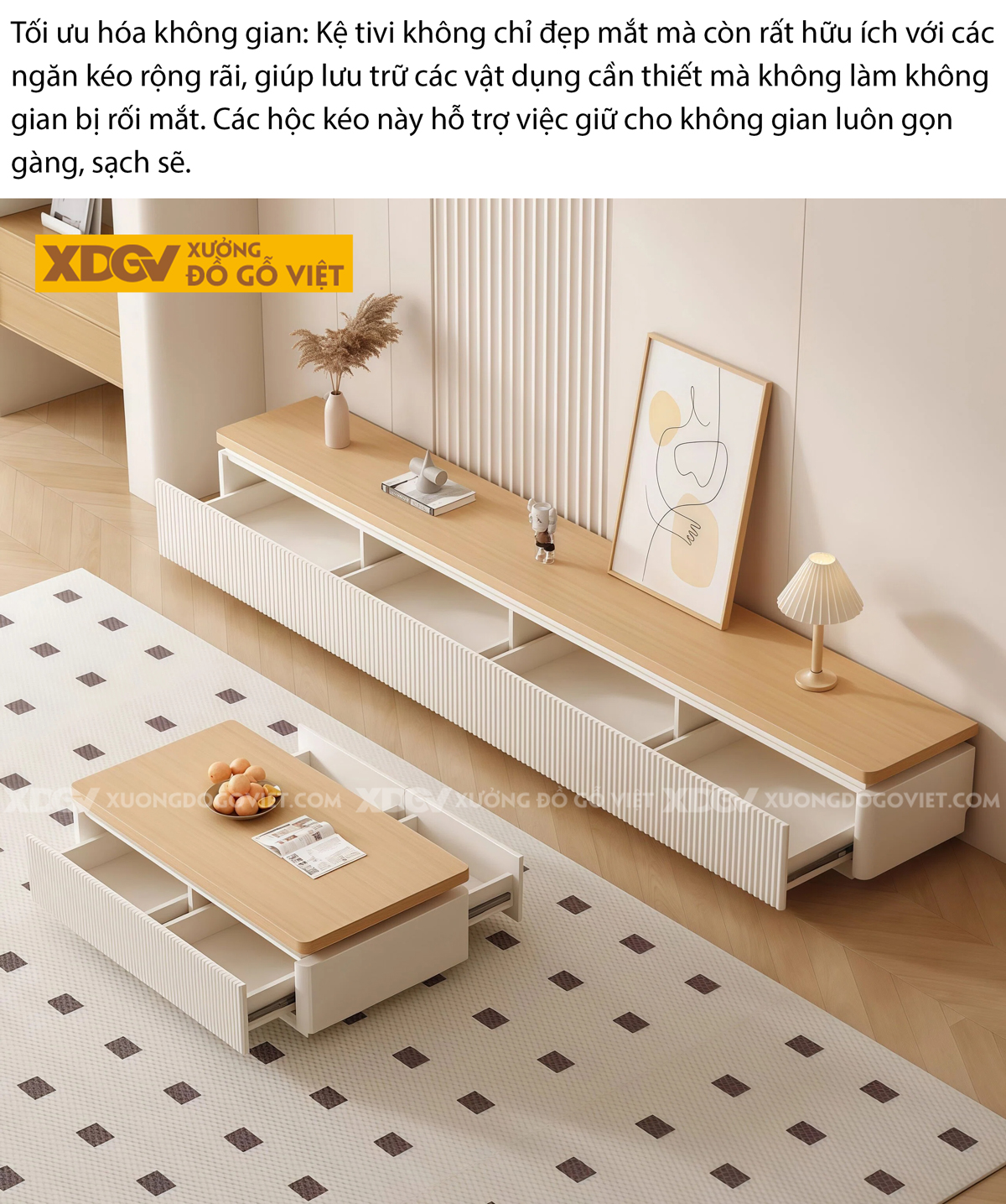 Kệ Trưng Bày Tivi Phòng Khách Gỗ MDF Hiệu Ứng Kẻ Sọc Nổi Bật