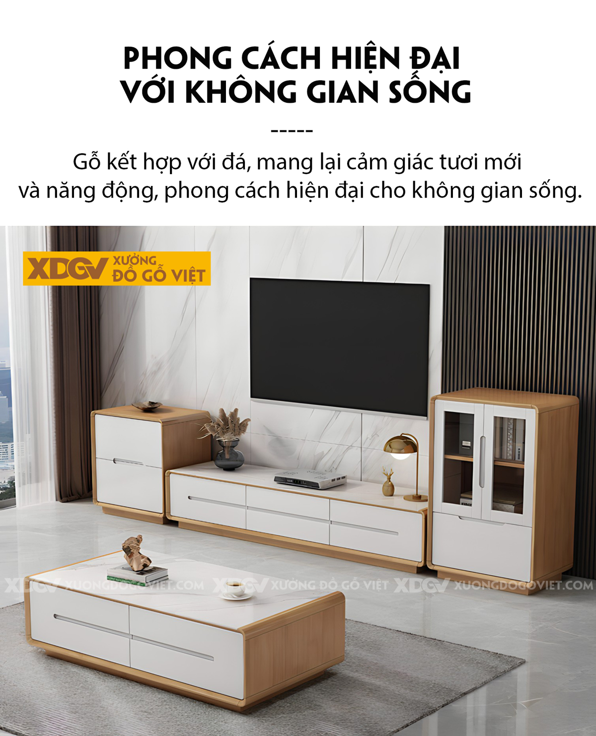 Kệ Tủ Tivi Gỗ Sồi Phòng Khách Kết Hợp Cánh Kính Và Ngăn Kéo