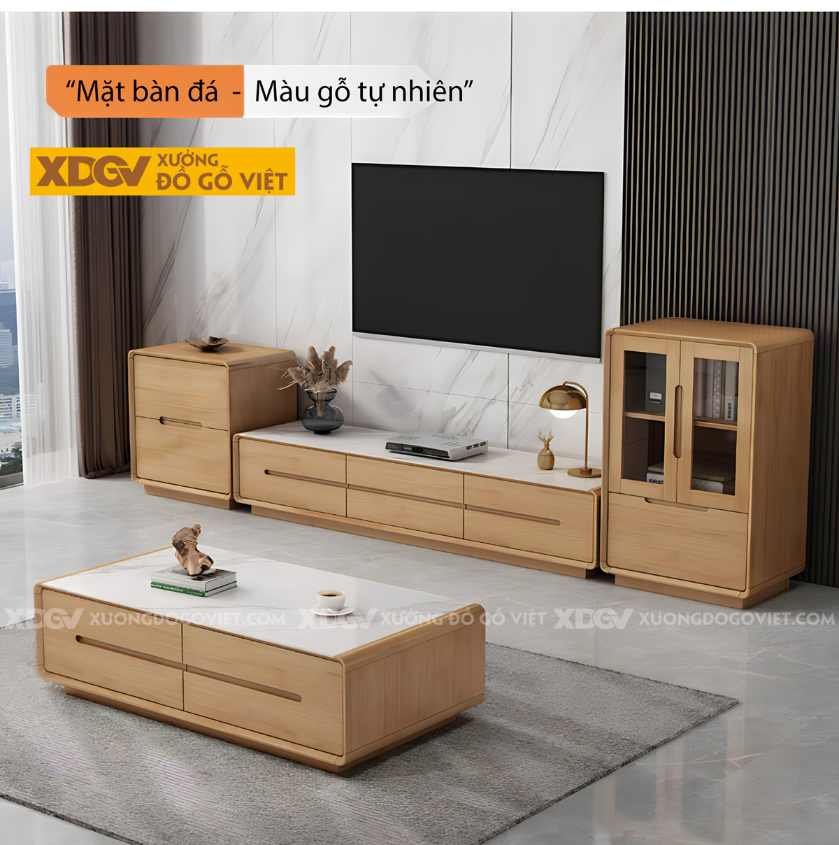 Kệ Tủ Tivi Gỗ Sồi Phòng Khách Kết Hợp Cánh Kính Và Ngăn Kéo