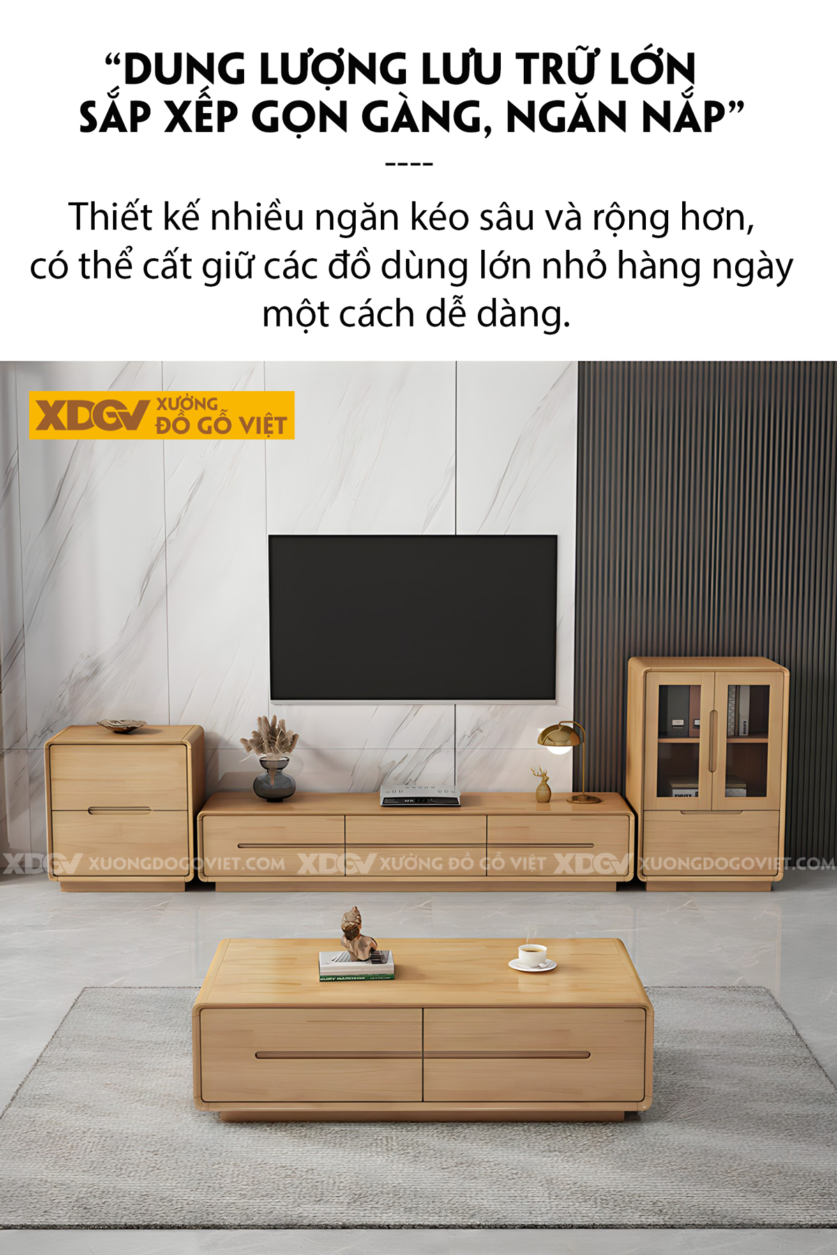 Kệ Tủ Tivi Gỗ Sồi Phòng Khách Kết Hợp Cánh Kính Và Ngăn Kéo