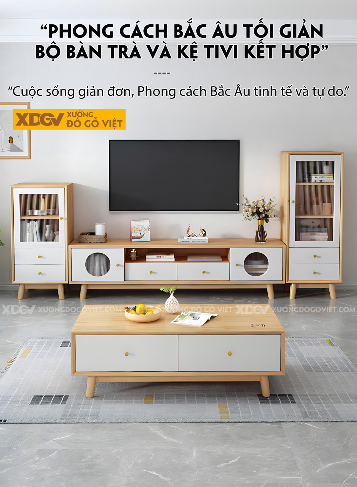 Kệ Tủ Tivi Phòng Khách Gỗ Sồi Cánh Kính Gân Mờ Hiện Đại