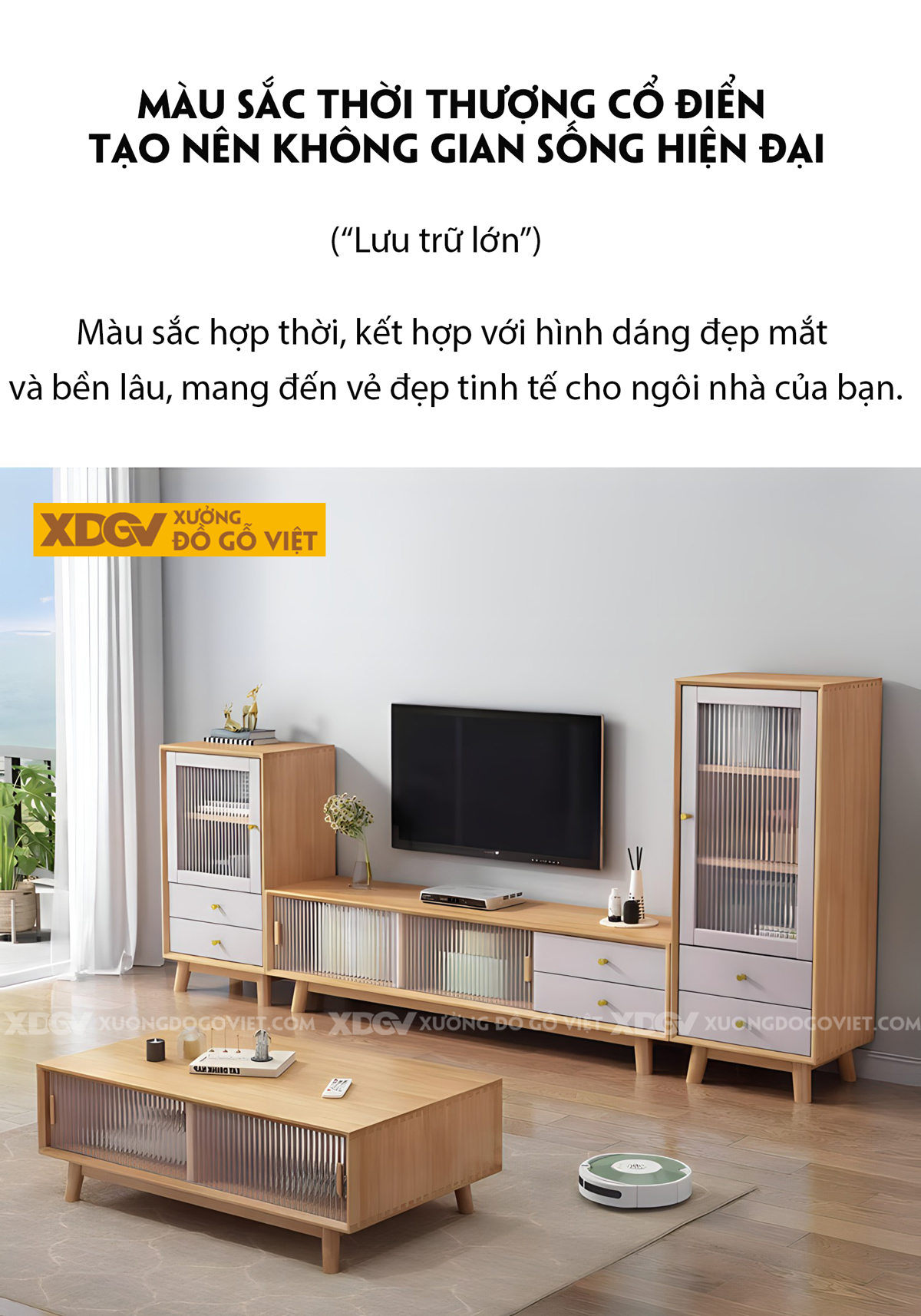 Kệ Tủ Tivi Trang Trí Gỗ Sồi Kết Hợp Ngăn Kéo Và Cánh Kính