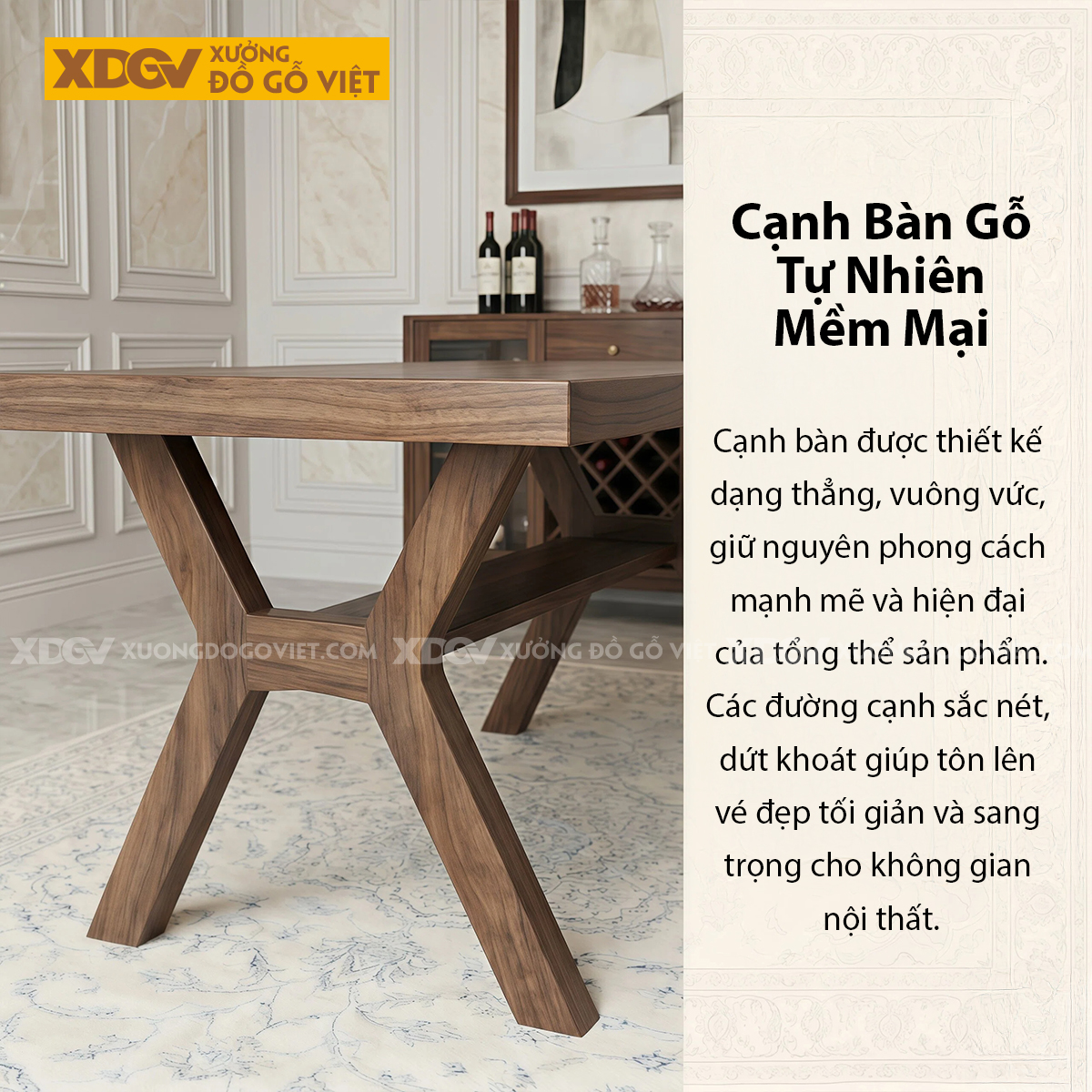 Mẫu Bàn Ăn Phòng Bếp Gỗ Óc Chó Chân Chữ X Phối Kệ Lưu Trữ