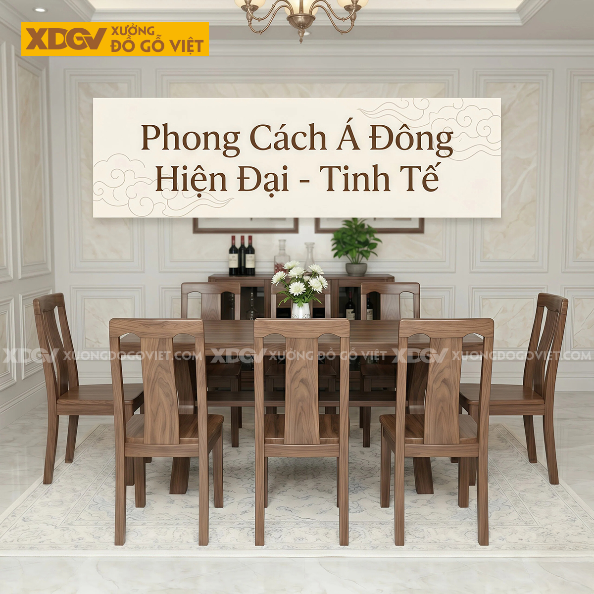 Mẫu Bàn Ăn Phòng Bếp Gỗ Óc Chó Chân Chữ X Phối Kệ Lưu Trữ