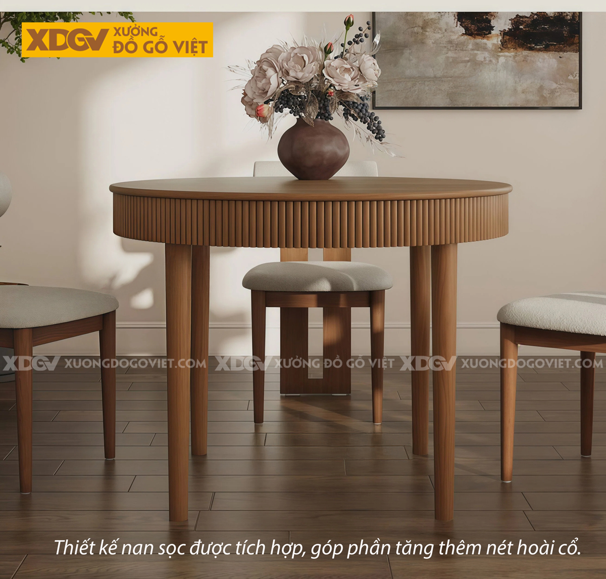 Mẫu Bàn Ăn Phòng Bếp Gỗ Sồi Mỹ Thiết Kế 2 Chân Ốp Chỉ Dọc