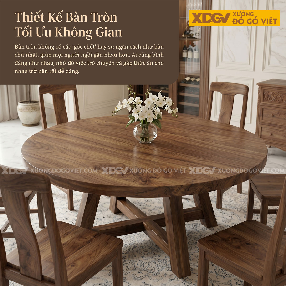 Mẫu Bàn Ăn Tròn Gỗ Óc Chó Chân Chéo Chữ X Chắc Chắn