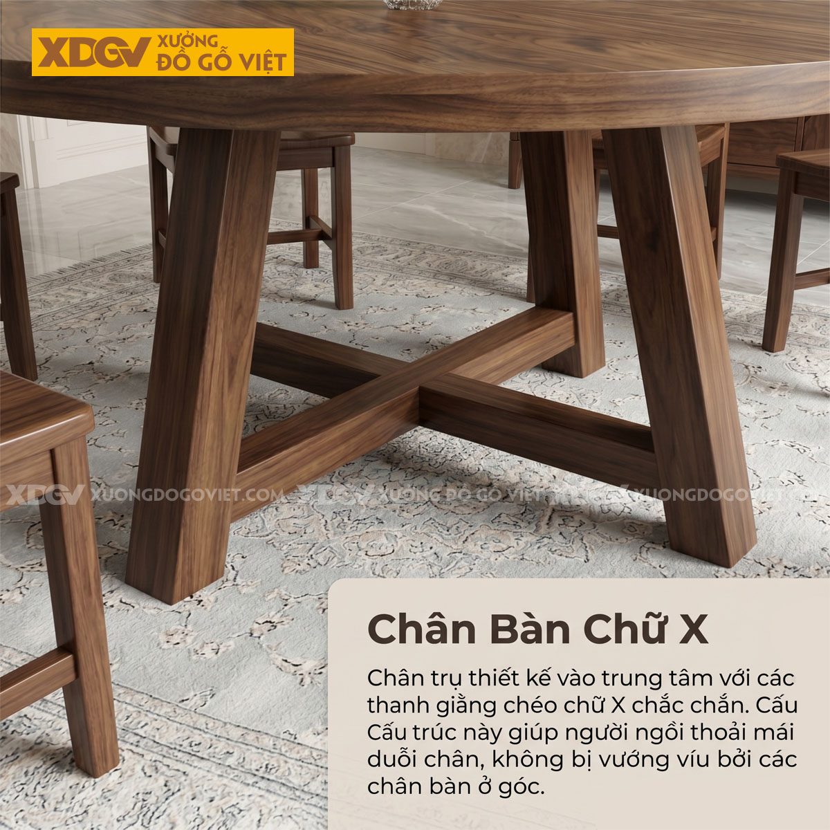 Mẫu Bàn Ăn Tròn Gỗ Óc Chó Chân Chéo Chữ X Chắc Chắn