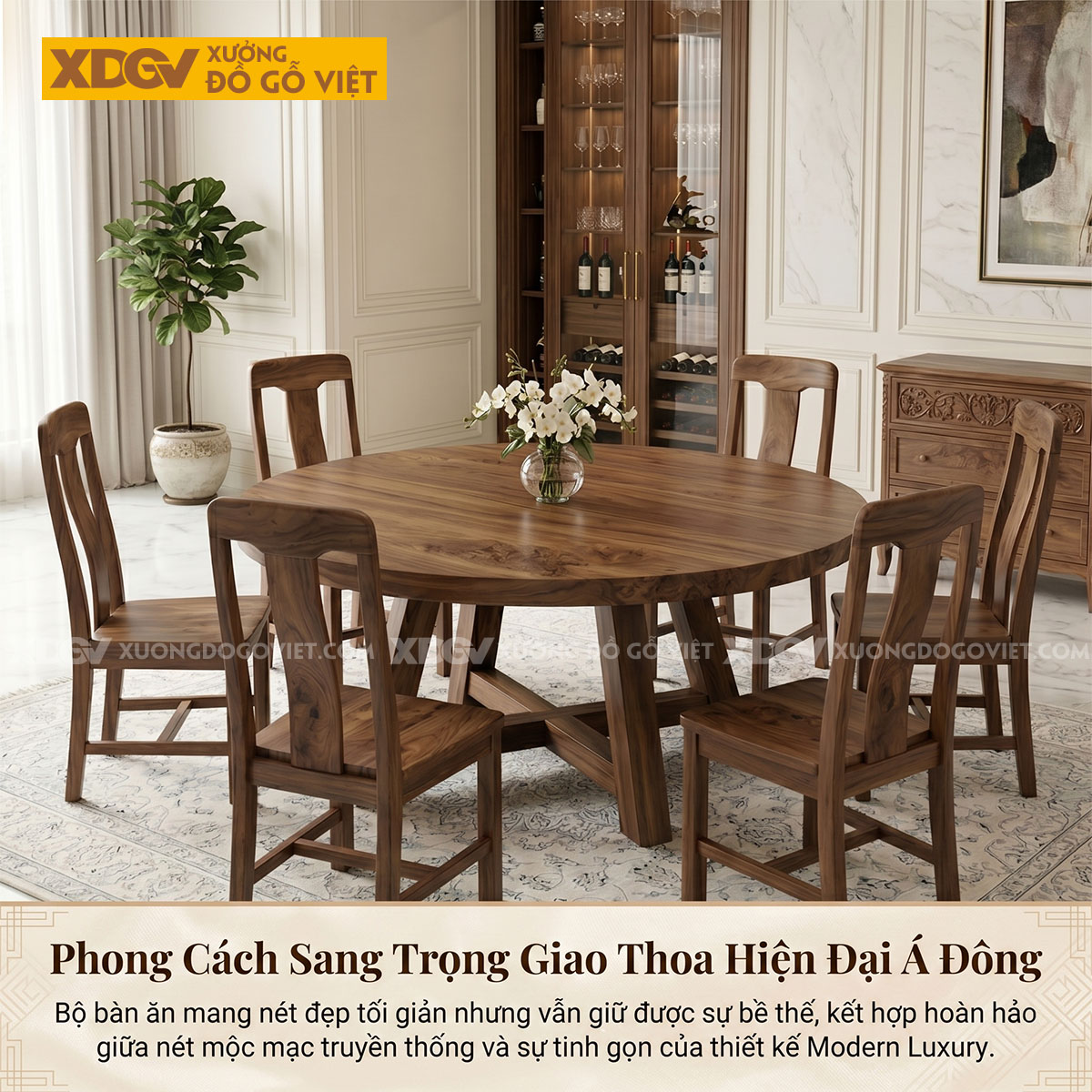 Mẫu Bàn Ăn Tròn Gỗ Óc Chó Chân Chéo Chữ X Chắc Chắn