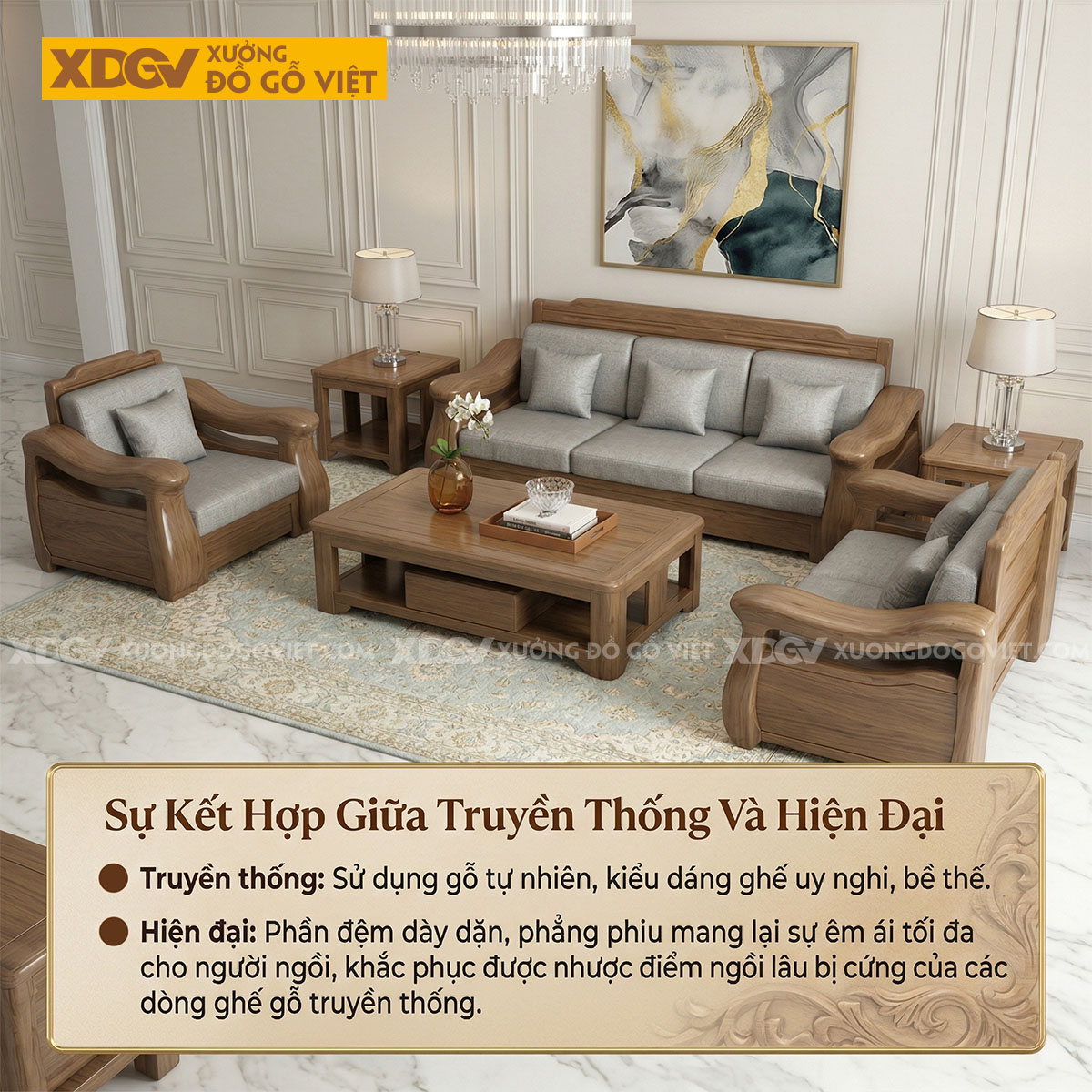 Mẫu Bàn Ghế Sofa Gỗ Óc Chó Chân Thấp Tay Uốn Lượn Nghệ Thuật