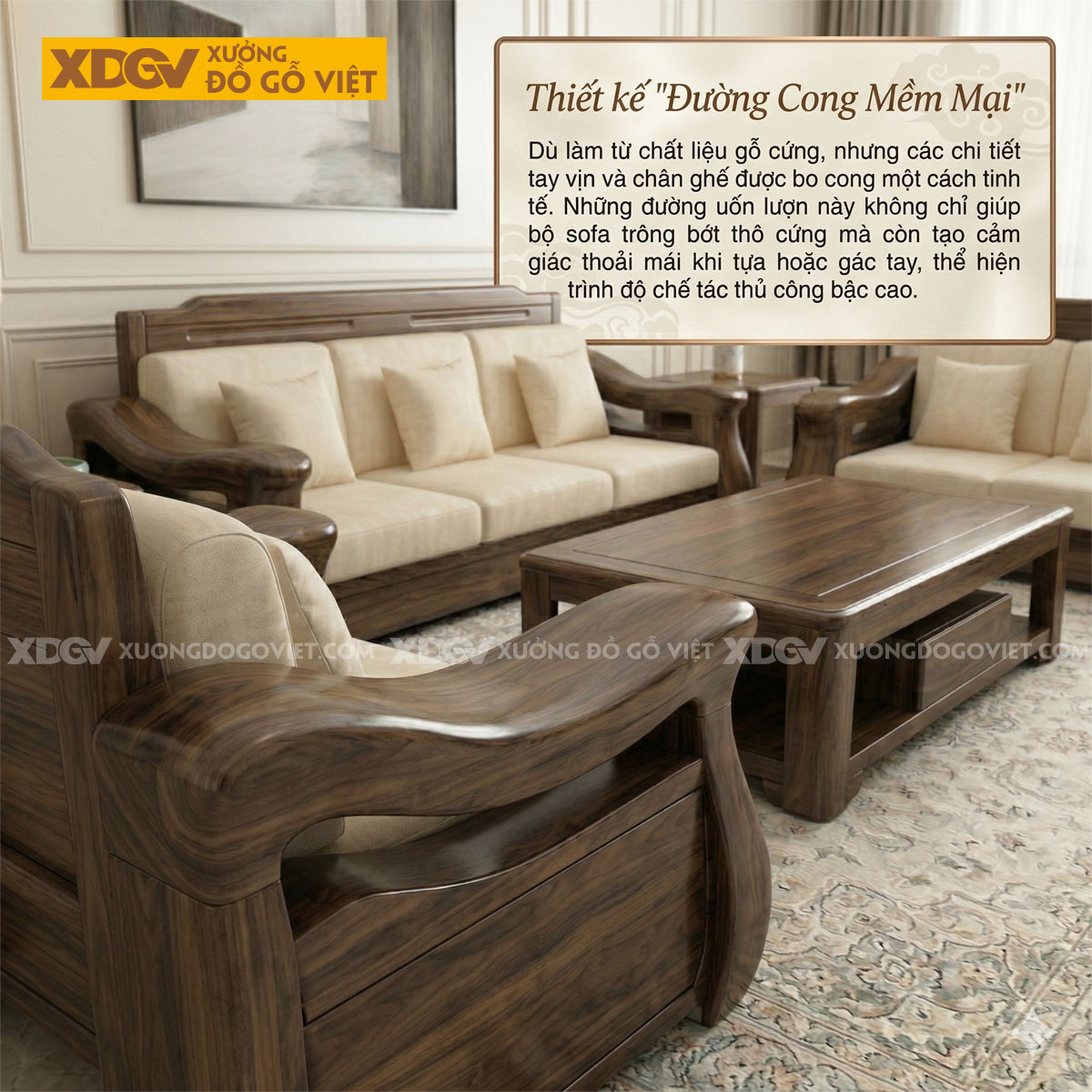 Mẫu Bàn Ghế Sofa Gỗ Óc Chó Chân Thấp Tay Uốn Lượn Nghệ Thuật