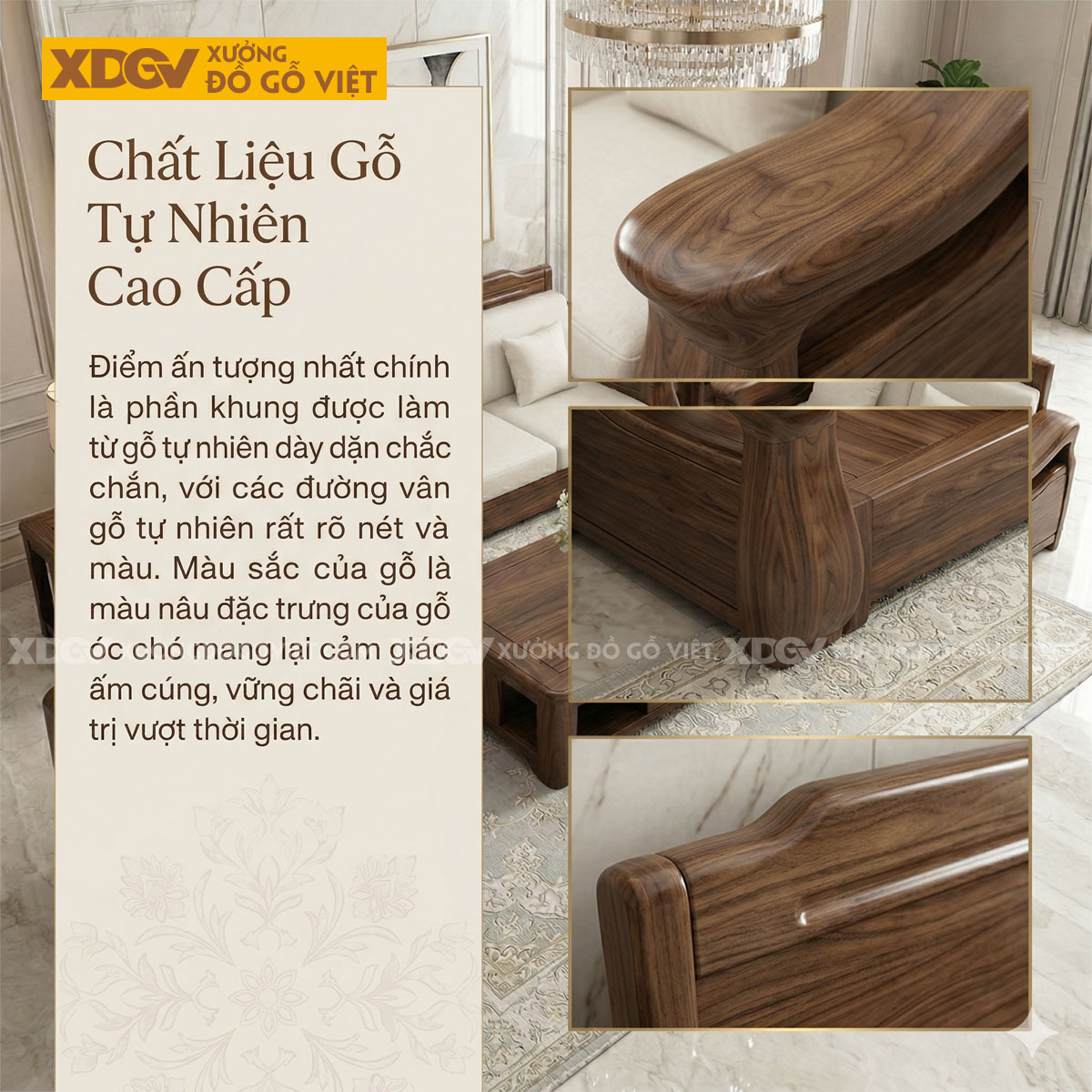 Mẫu Bàn Ghế Sofa Gỗ Óc Chó Chân Thấp Tay Uốn Lượn Nghệ Thuật