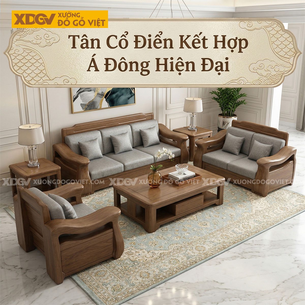 Mẫu Bàn Ghế Sofa Gỗ Óc Chó Chân Thấp Tay Uốn Lượn Nghệ Thuật