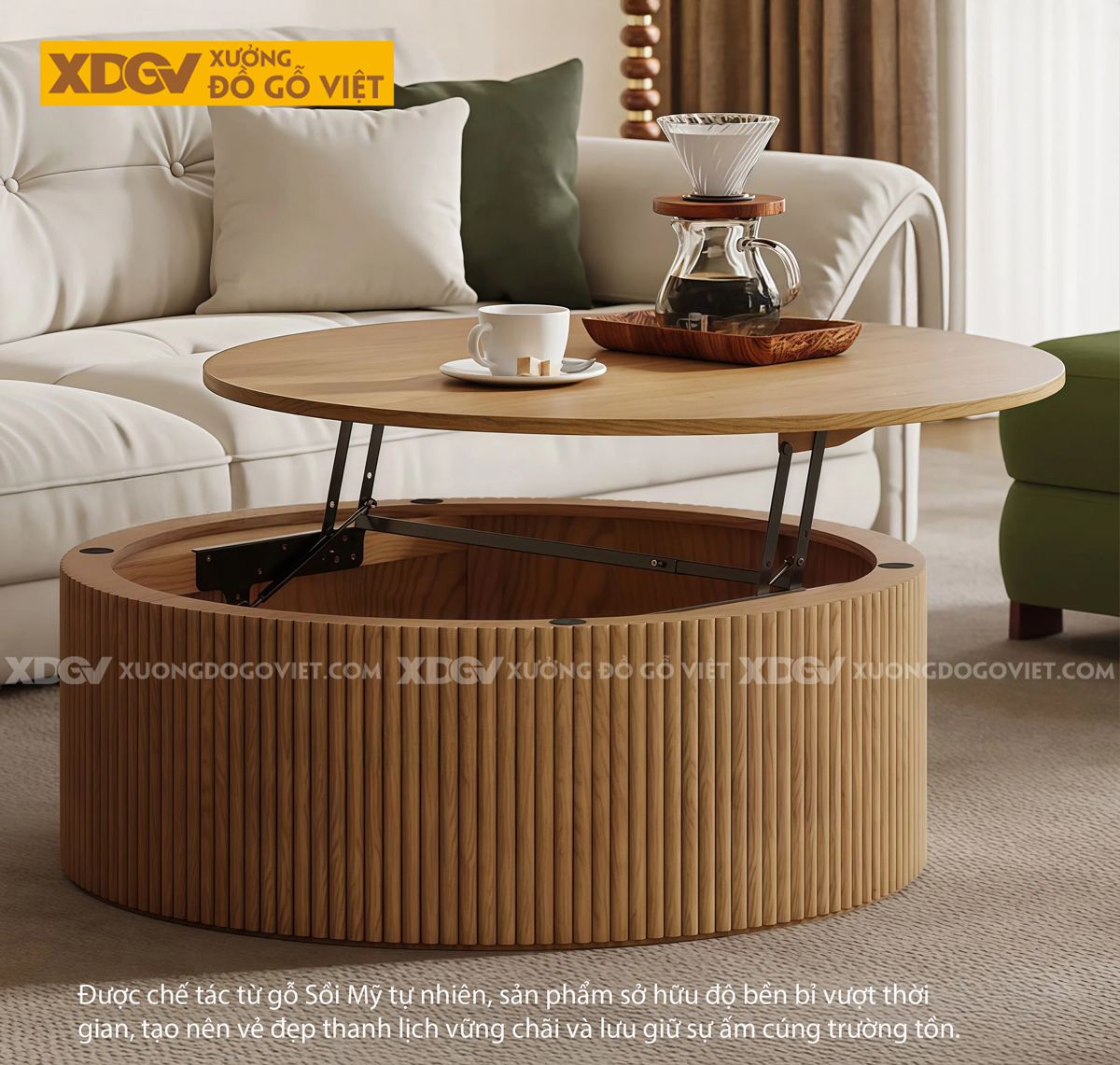 Mẫu Bàn Sofa Gỗ Sồi Chân Cao Thiết Kế Hoa Văn Lồi Lõm Lạ Mắt