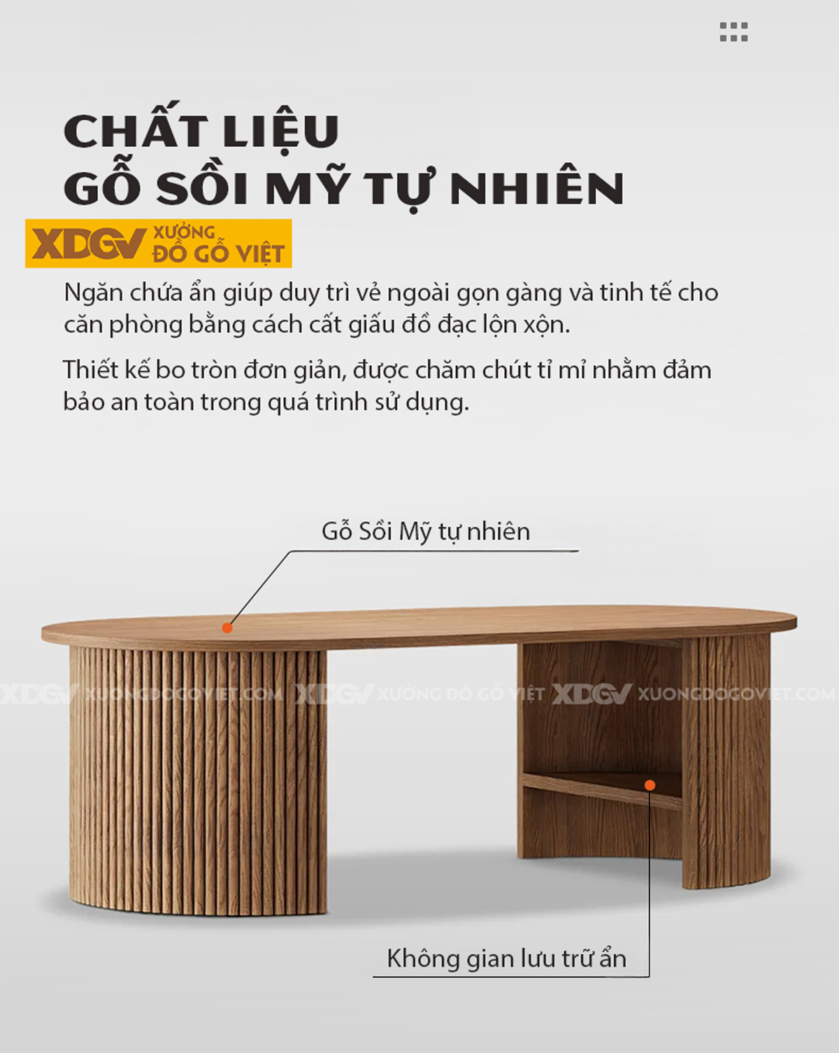 Mẫu Bàn Sofa Phòng Khách Gỗ Sồi Chân Cao Kết Hợp Khoang Chứa