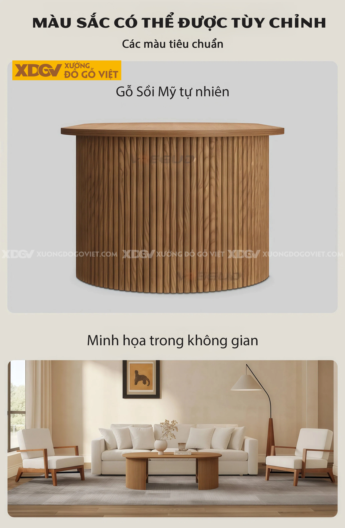 Mẫu Bàn Sofa Phòng Khách Gỗ Sồi Chân Cao Kết Hợp Khoang Chứa