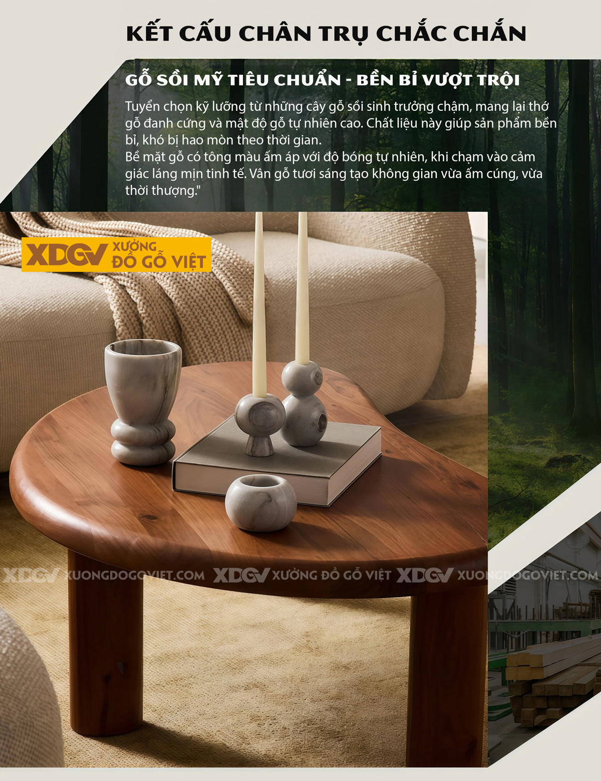 Mẫu Bàn Sofa Phòng Khách Gỗ Sồi Chân Cao Tích Hợp Ngăn Kéo