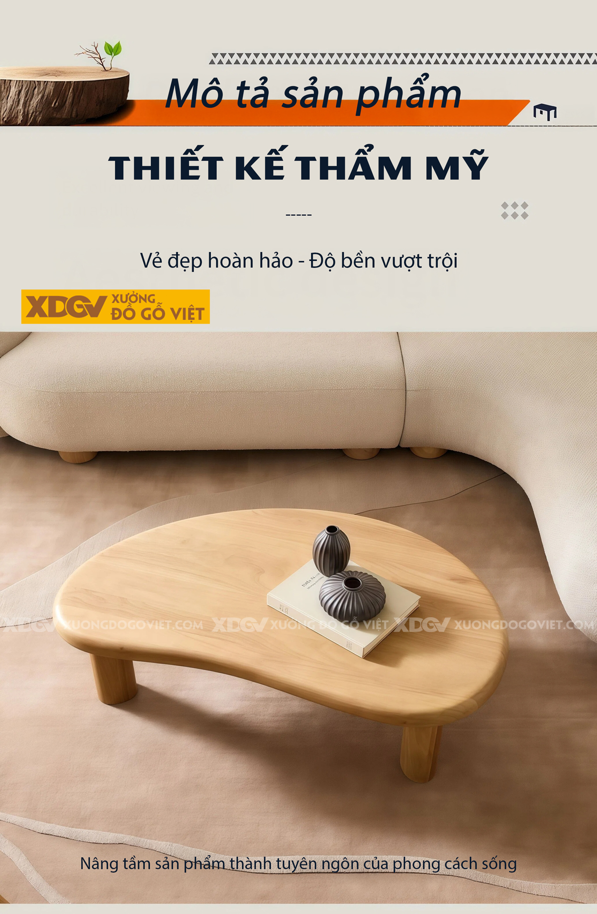 Mẫu Bàn Sofa Phòng Khách Gỗ Sồi Chân Cao Tích Hợp Ngăn Kéo