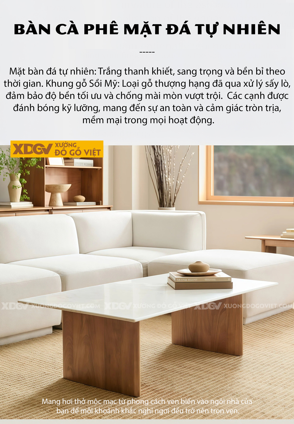 Mẫu Bàn Sofa Phòng Khách Gỗ Sồi Dáng Chân Chữ A Phối Mặt Đá