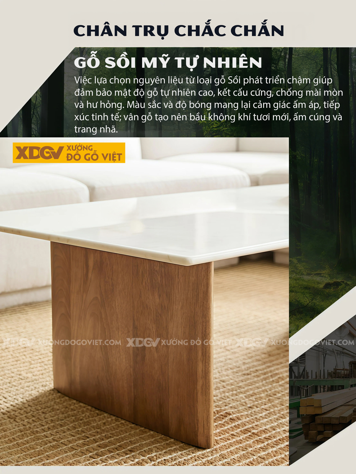 Mẫu Bàn Sofa Phòng Khách Gỗ Sồi Dáng Chân Chữ A Phối Mặt Đá