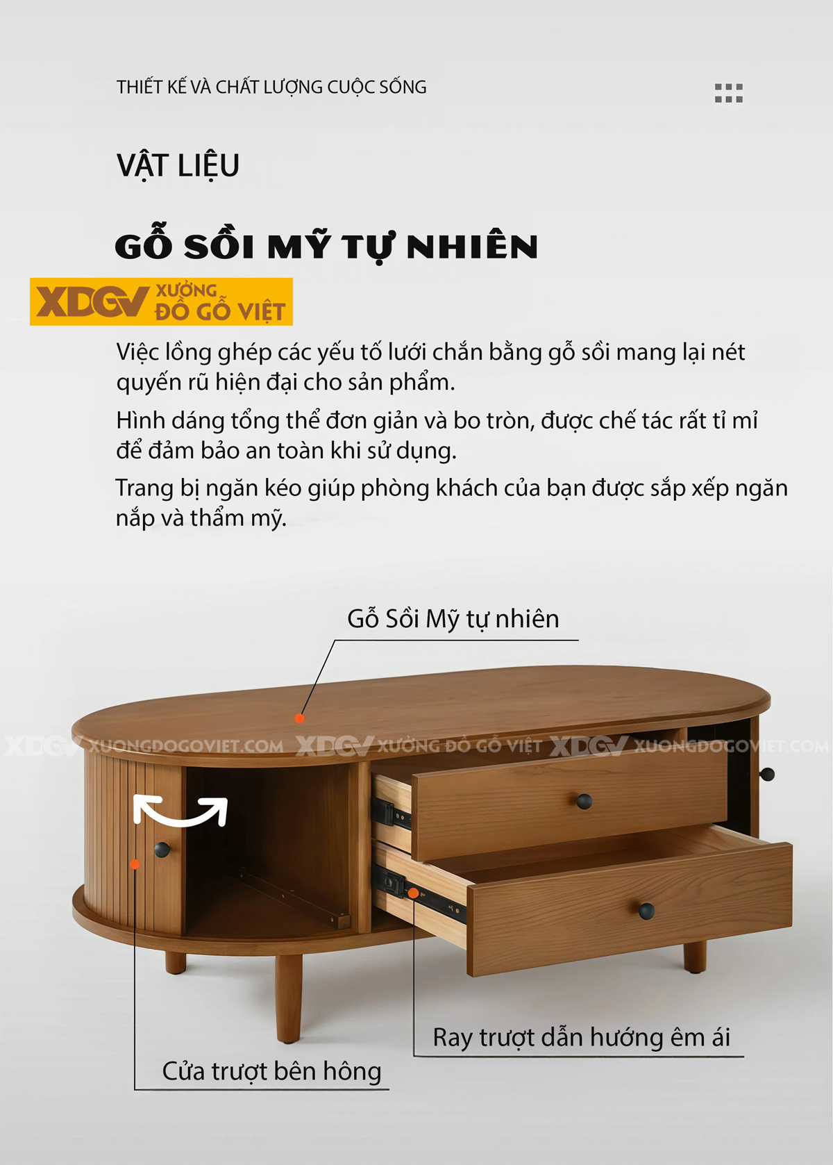 Mẫu Bàn Sofa Phòng Khách Gỗ Sồi Ngăn Kéo Phối Sọc Nghệ Thuật
