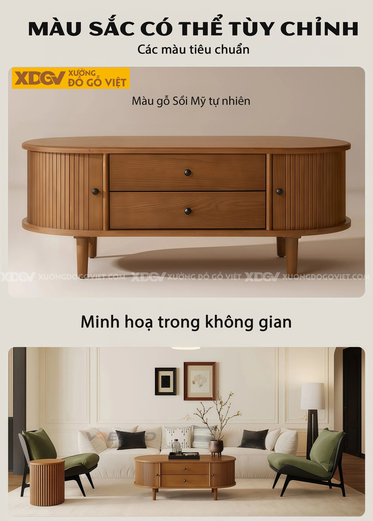 Mẫu Bàn Sofa Phòng Khách Gỗ Sồi Ngăn Kéo Phối Sọc Nghệ Thuật