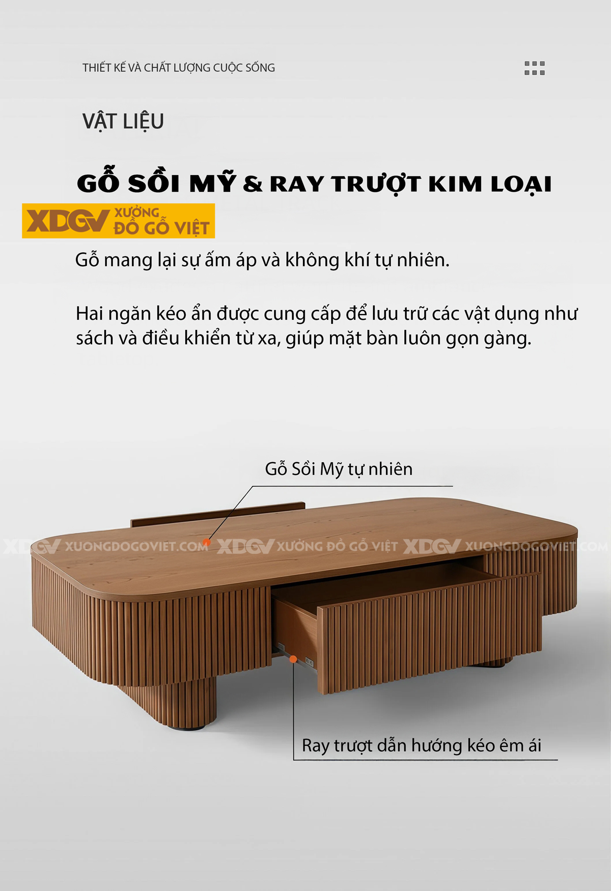 Mẫu Bàn Sofa Phòng Khách Gỗ Sồi Ngăn Kéo Phối Sọc Nghệ Thuật