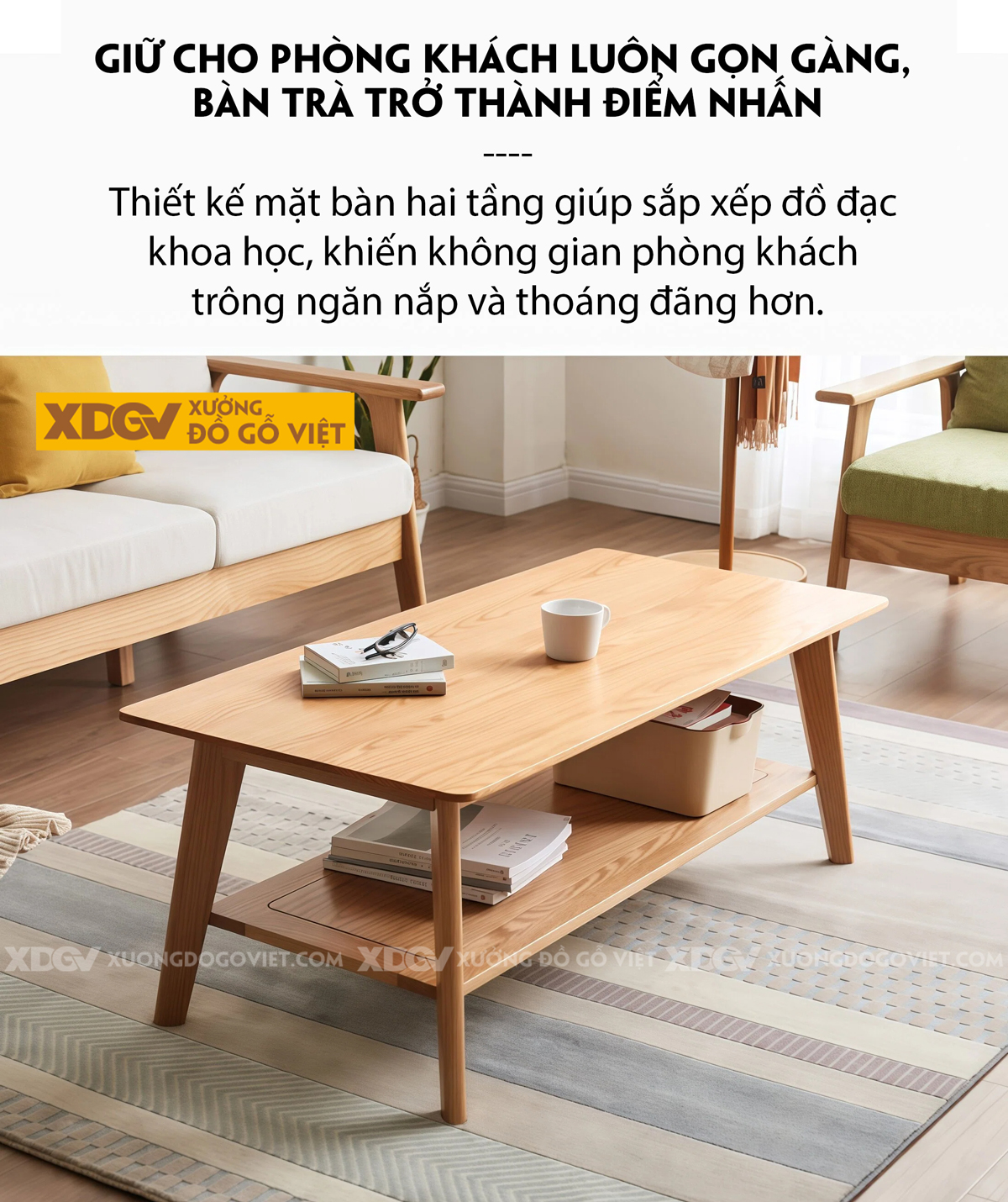 Mẫu Bàn Sofa Phòng Khách Hiện Đại Gỗ Sồi 2 Tầng Đa Năng