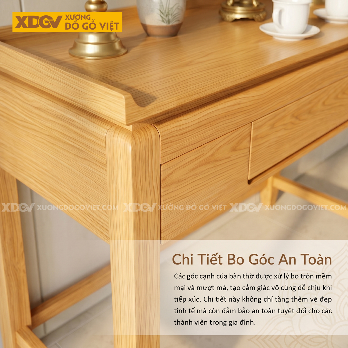 Mẫu Bàn Thờ Gỗ Sồi Mỹ Thiết Kế Tai Cong Khung Chân Vững Chãi