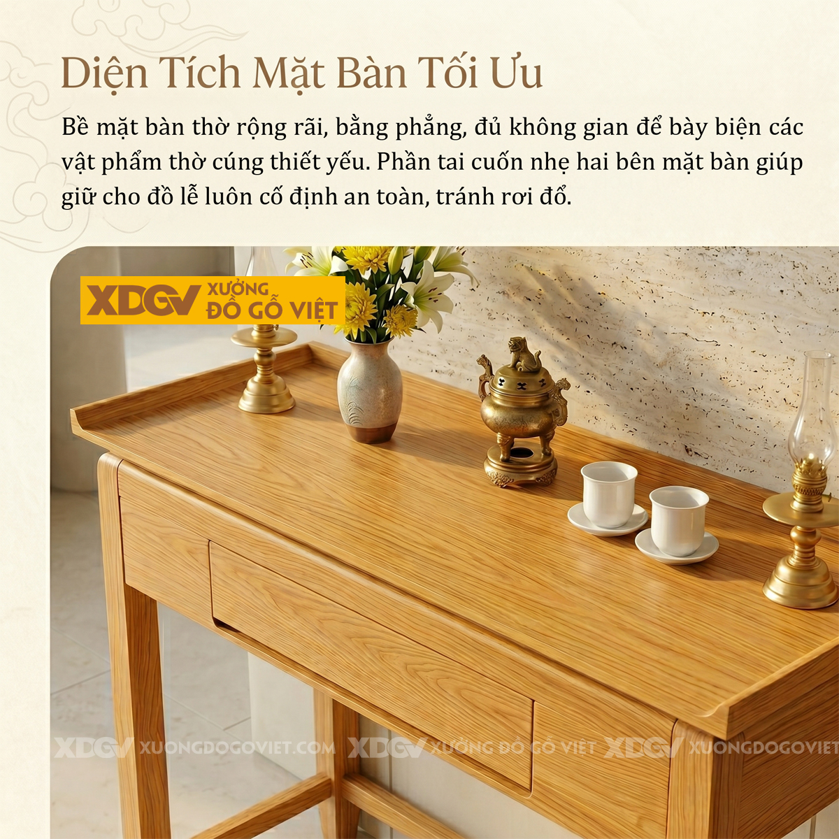 Mẫu Bàn Thờ Gỗ Sồi Mỹ Thiết Kế Tai Cong Khung Chân Vững Chãi