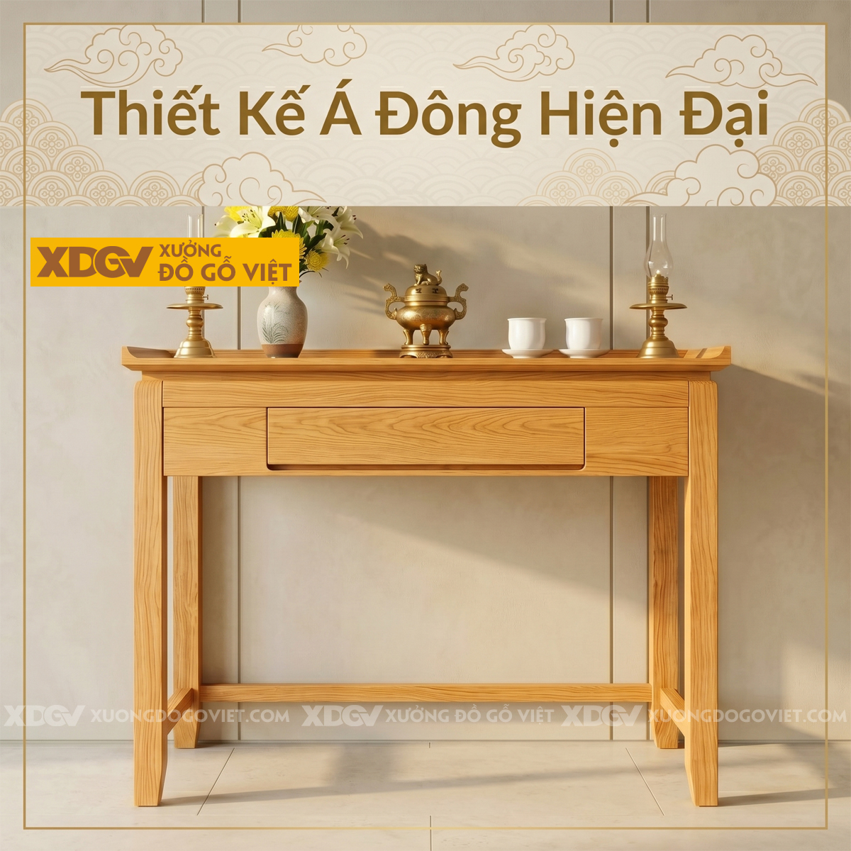 Mẫu Bàn Thờ Gỗ Sồi Mỹ Thiết Kế Tai Cong Khung Chân Vững Chãi