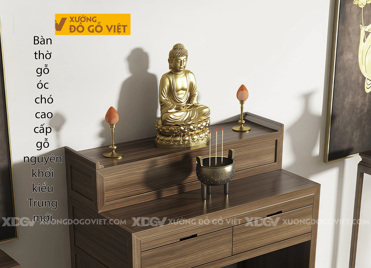 Mẫu Bàn Thờ Tôn Nghiêm Gỗ Óc Chó Phân 2 Tầng Phối Ngăn Kéo