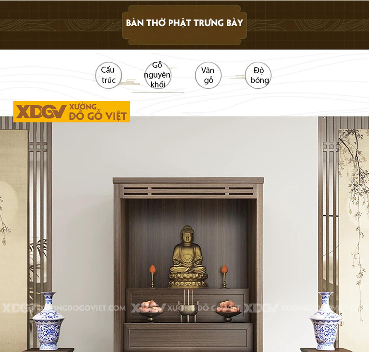 Mẫu Bàn Thờ Tôn Nghiêm Gỗ Óc Chó Phân 2 Tầng Phối Ngăn Kéo