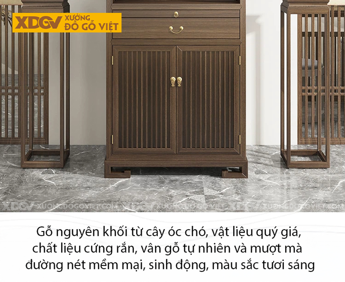 Mẫu Bàn Thờ Tôn Nghiêm Gỗ Óc Chó Phân 2 Tầng Phối Ngăn Kéo