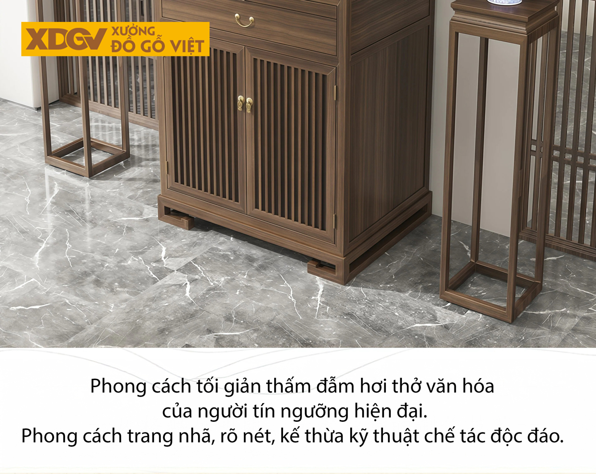 Mẫu Bàn Thờ Tôn Nghiêm Gỗ Óc Chó Phân 2 Tầng Phối Ngăn Kéo