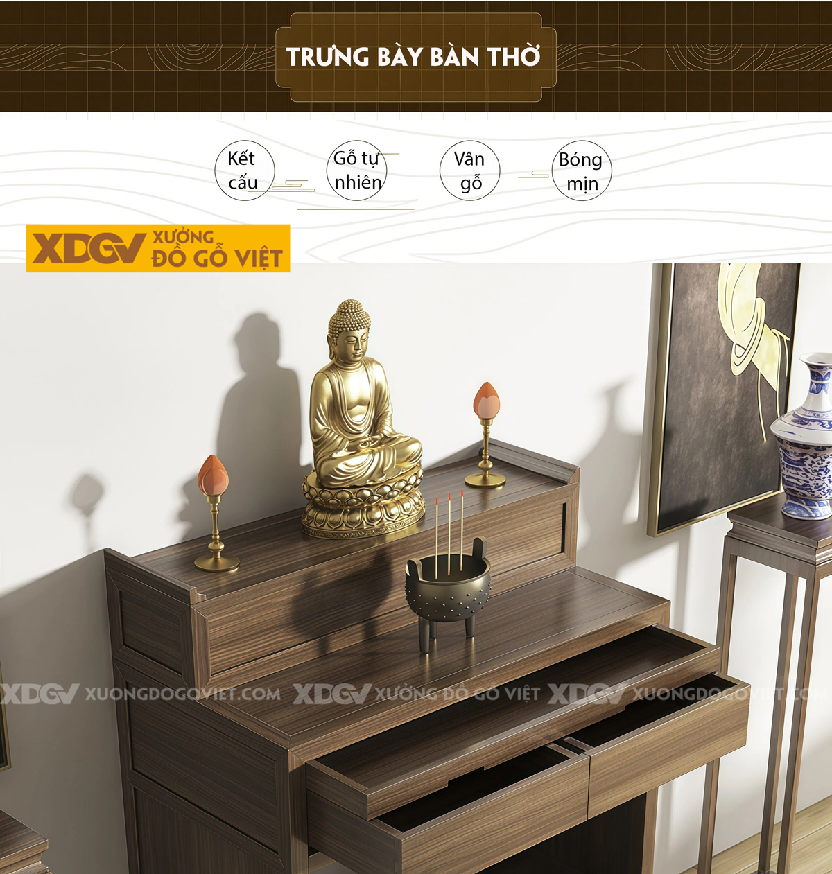 Mẫu Bàn Thờ Tôn Nghiêm Gỗ Óc Chó Phân 2 Tầng Phối Ngăn Kéo