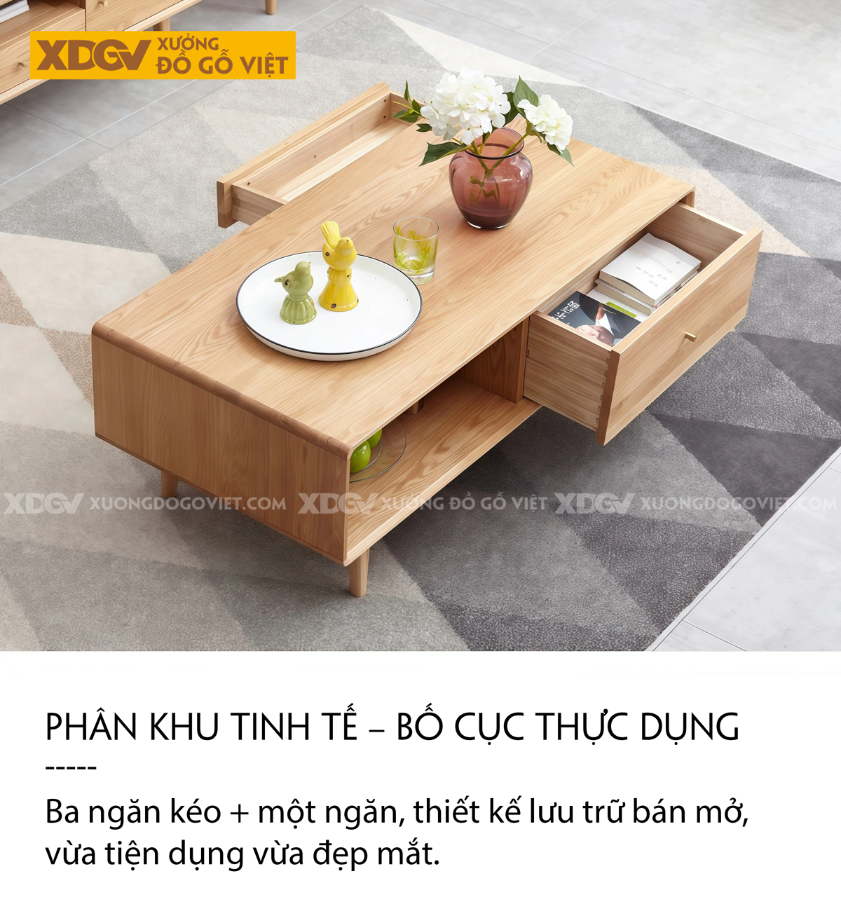 Mẫu Bàn Trà Sofa Chân Dày Vững Chãi 2 Tầng Phối Ngăn Kéo
