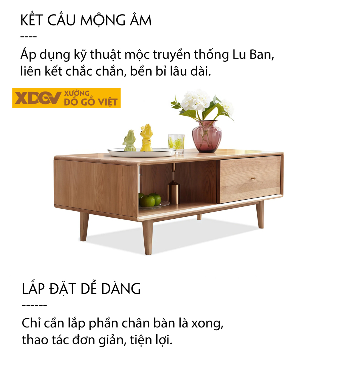 Mẫu Bàn Trà Sofa Chân Dày Vững Chãi 2 Tầng Phối Ngăn Kéo