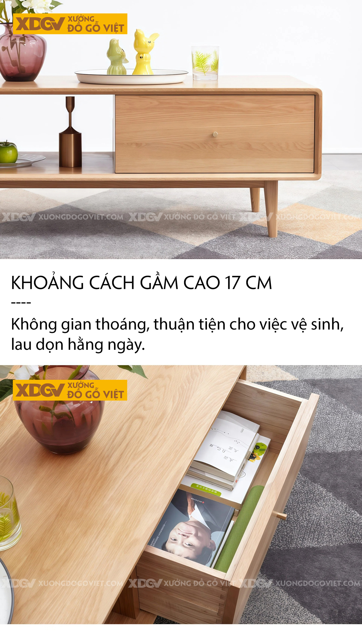 Mẫu Bàn Trà Sofa Chân Dày Vững Chãi 2 Tầng Phối Ngăn Kéo