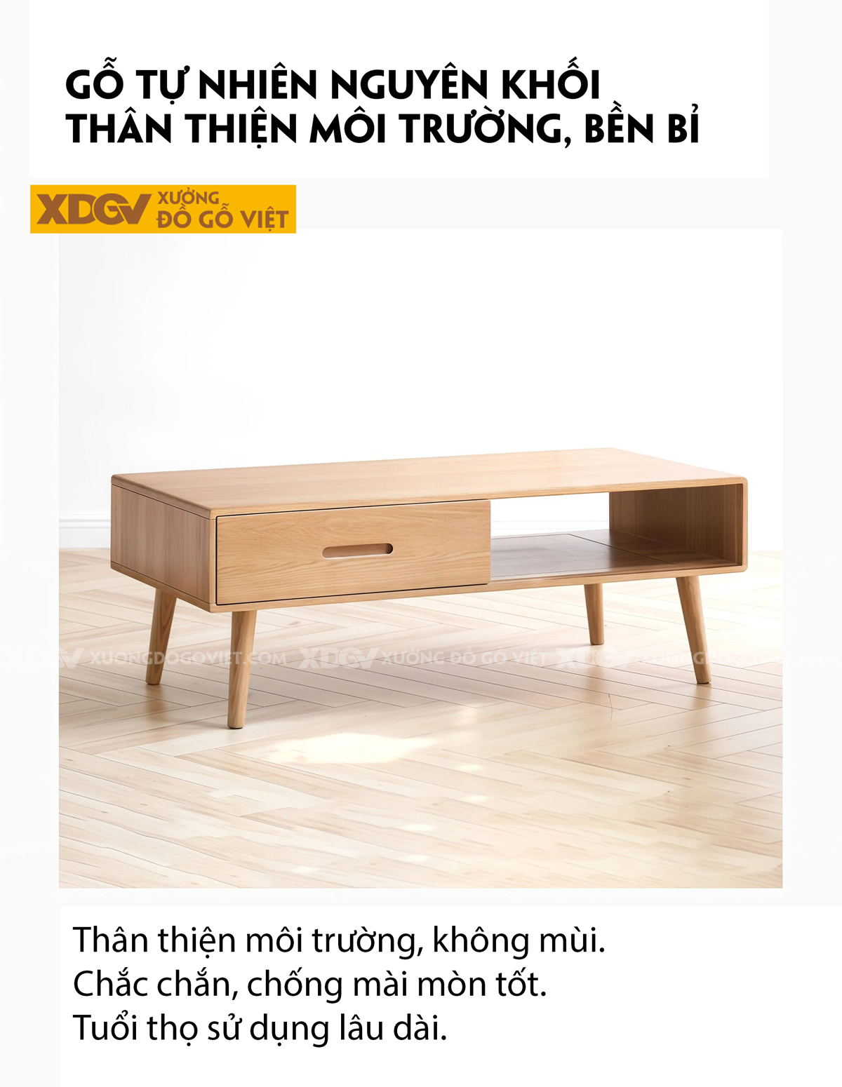 Mẫu Bàn Trà Sofa Gỗ Sồi Thiết Kế Kệ Mở Và Ngăn Kéo Phối Hợp