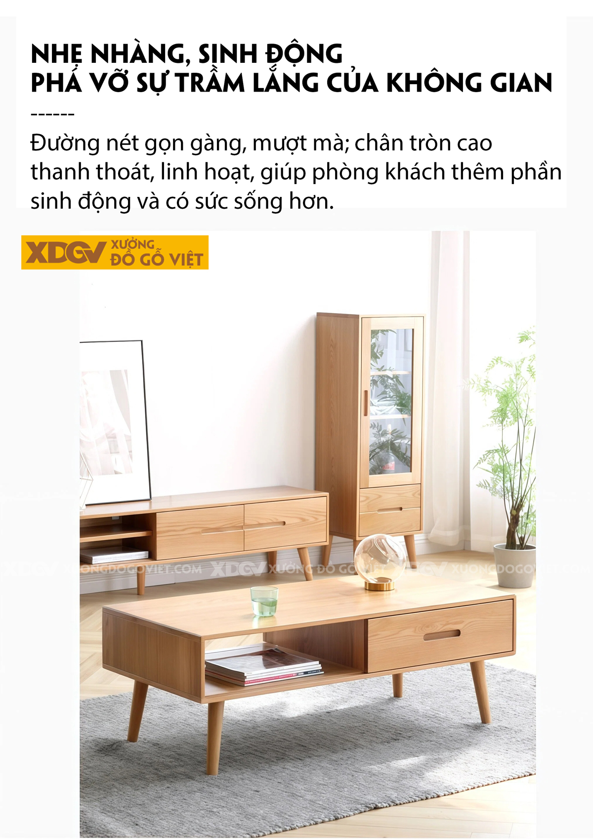 Mẫu Bàn Trà Sofa Gỗ Sồi Thiết Kế Kệ Mở Và Ngăn Kéo Phối Hợp