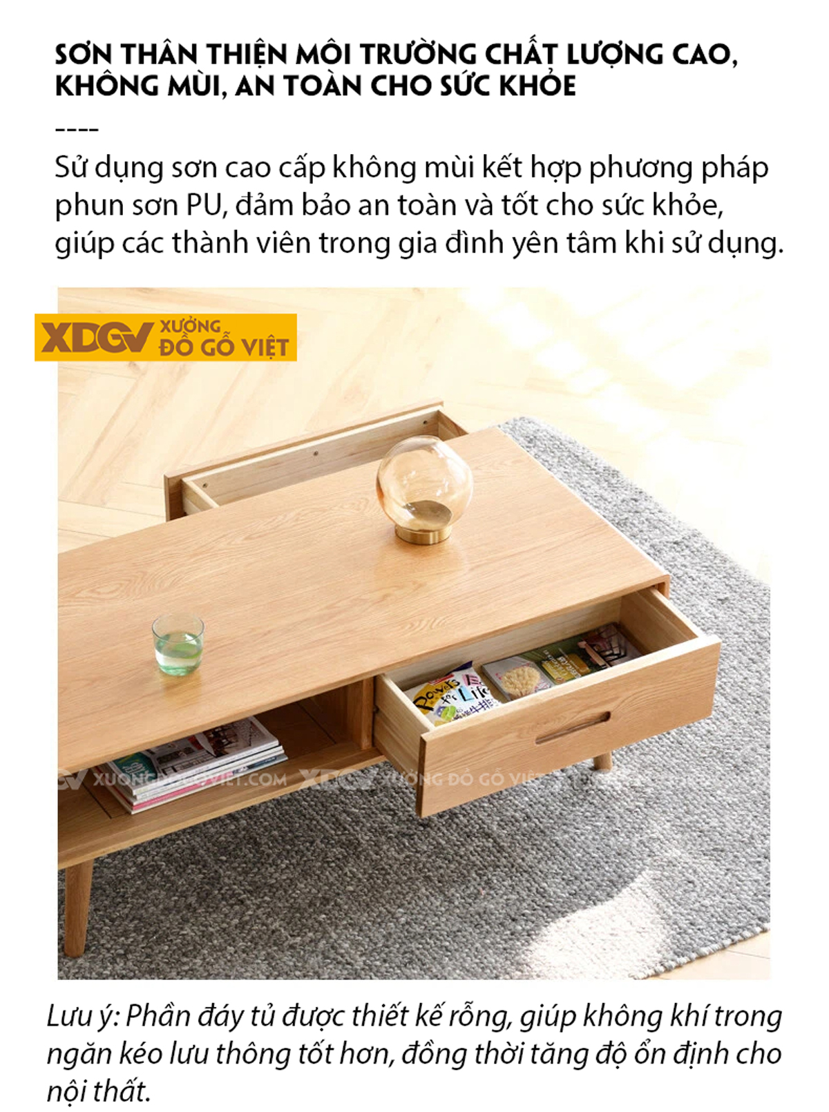 Mẫu Bàn Trà Sofa Gỗ Sồi Thiết Kế Kệ Mở Và Ngăn Kéo Phối Hợp