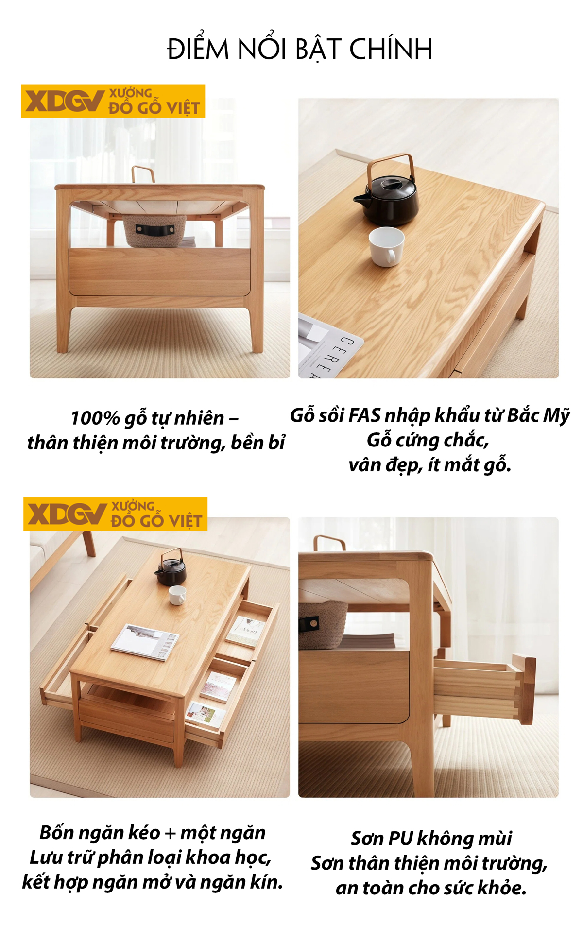 Mẫu Bàn Trà Sofa Phòng Khách Gỗ Sồi 2 Tầng Thiết Kế Đối Xứng