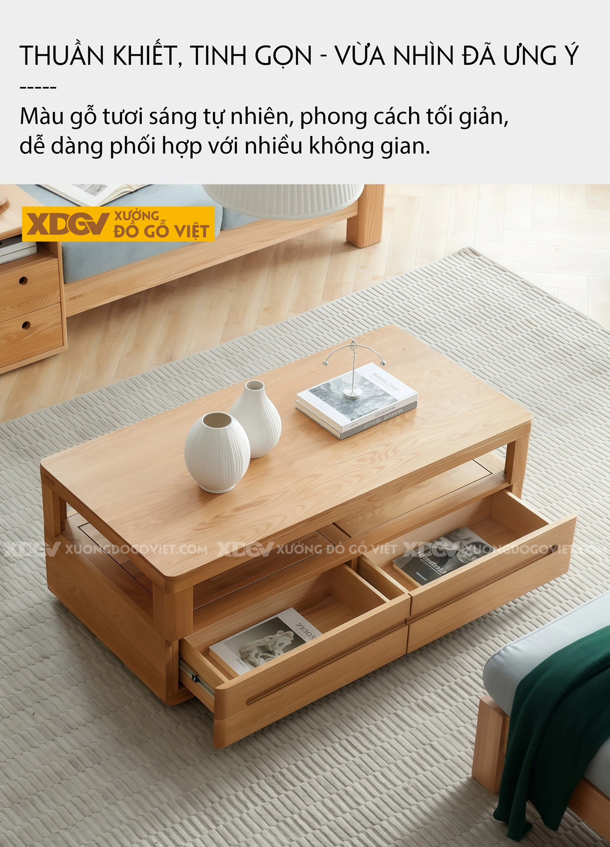 Mẫu Bàn Trà Sofa Phòng Khách Gỗ Sồi 2 Tầng Thiết Kế Đối Xứng