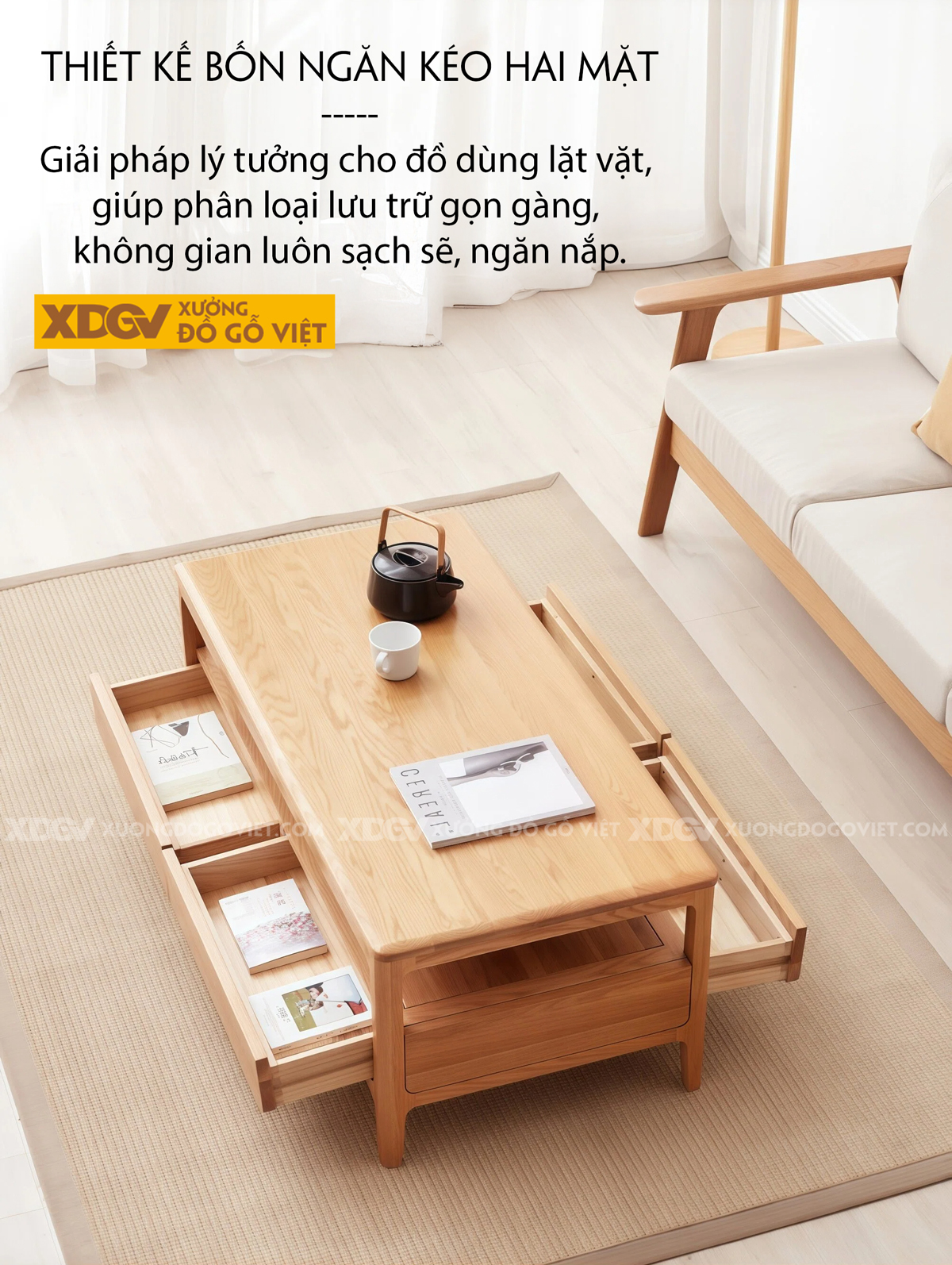 Mẫu Bàn Trà Sofa Phòng Khách Gỗ Sồi 2 Tầng Thiết Kế Đối Xứng