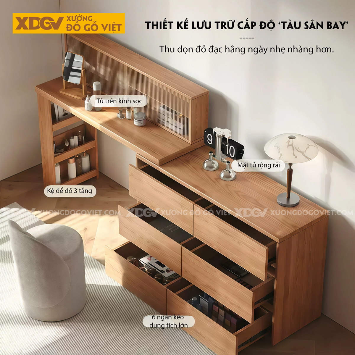 Mẫu Bàn Trang Điểm Cho Phòng Khách Gỗ Sồi Dáng Vuông Mở Rộng