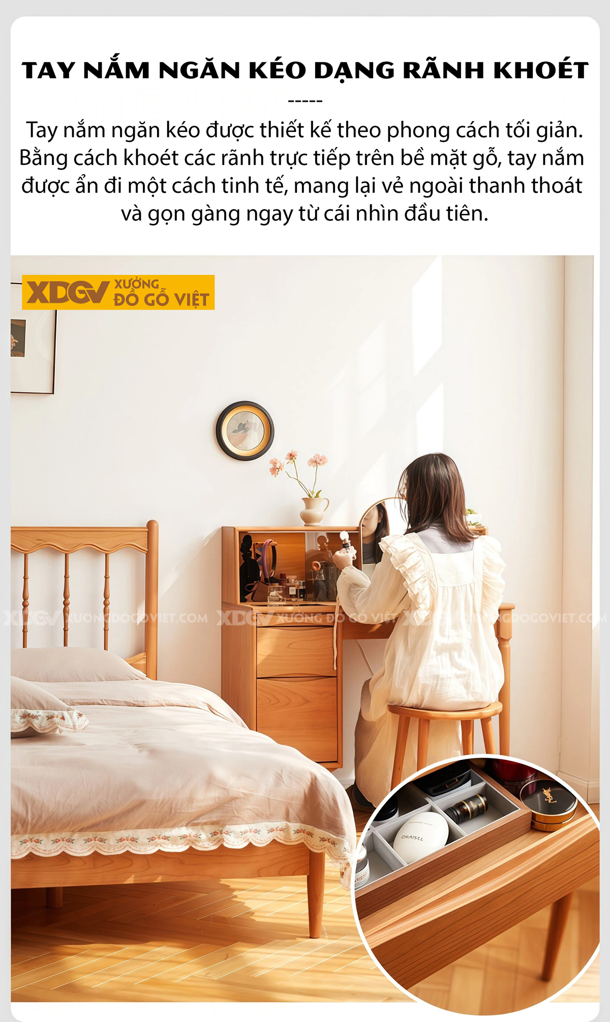 Mẫu Bàn Trang Điểm Phòng Khách Gỗ Sồi Chân Cao Mặt Phối Kính