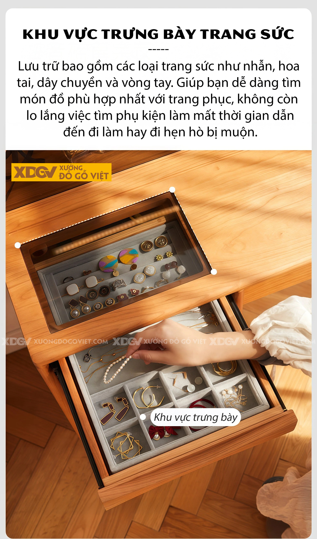 Mẫu Bàn Trang Điểm Phòng Khách Gỗ Sồi Chân Cao Mặt Phối Kính