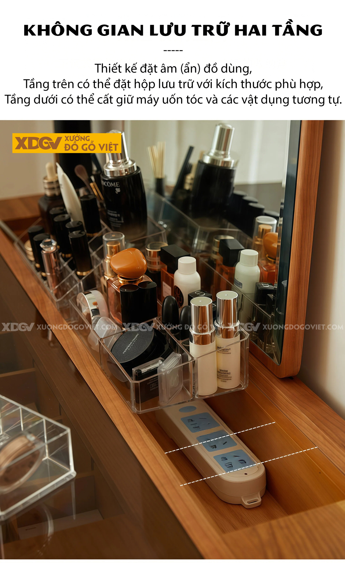 Mẫu Bàn Trang Điểm Phòng Khách Gỗ Sồi Chân Cao Mặt Phối Kính