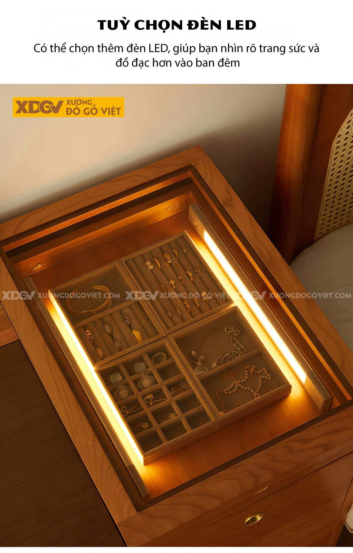 Mẫu Bàn Trang Điểm Phòng Khách Gỗ Sồi Chân Cao Mặt Phối Kính